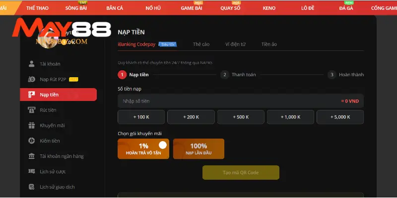 Các bước nạp tiền vào tài khoản game tại MAY88 thật dễ dàng