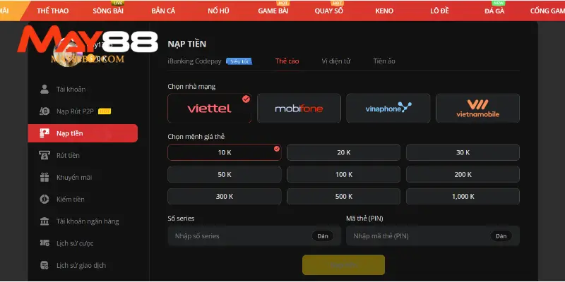 Nạp tiền MAY88 thông qua thẻ nạp điện thoại